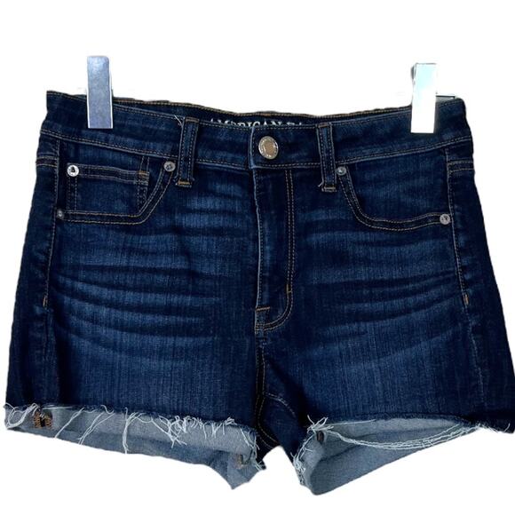 American Eagle AEO Jean Shorts Raw Frayed Hem 3” Inseam Stretch Dark Wash Size 2 - Picture 8 of 8